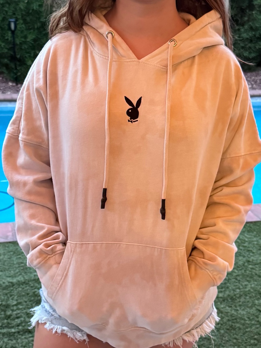 Playboy x Missguided Hoodie Women’s Large Peach Tie Dye Y2K Bunny